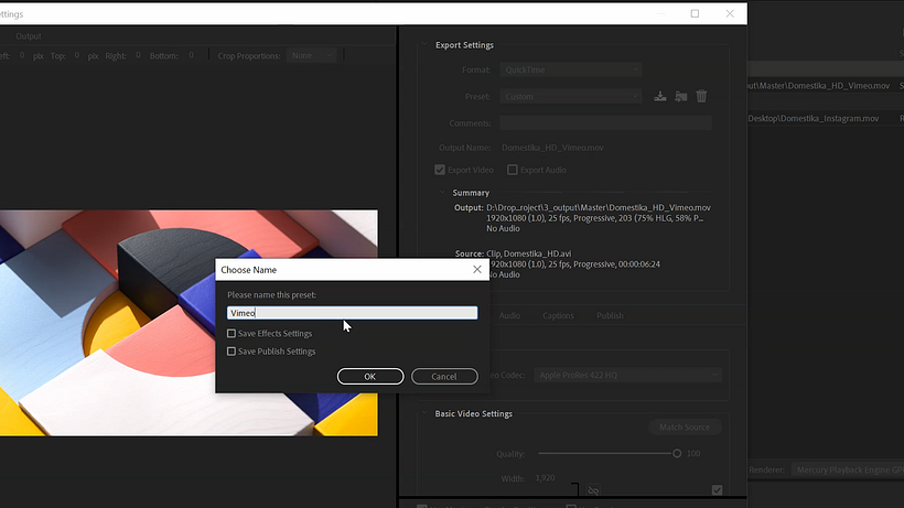 Para reutilizar as configurações de exportação em projetos futuros, salve-as como preset