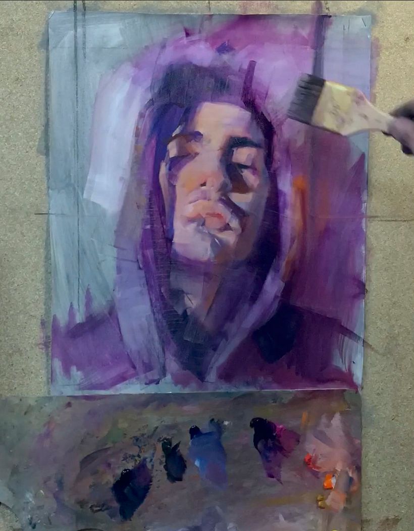 Blocking in lighter and warmer values, still with a big brush.
