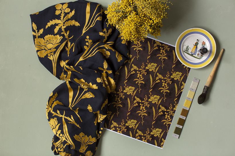 Pattern design by Lola San Román, designer and teacher, who applies paint to printed textiles.
