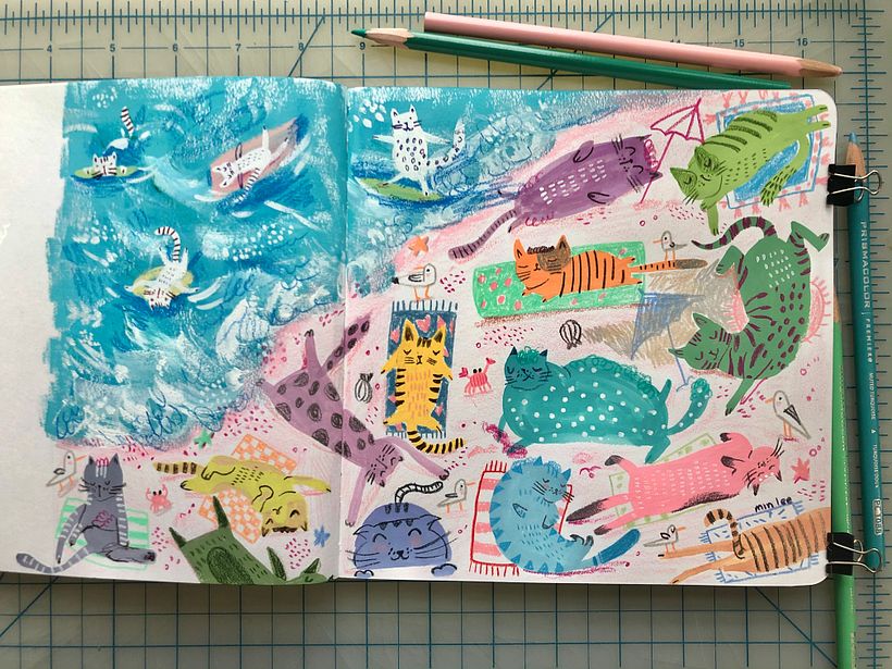 Cats on the beach used gouache + color pencils
