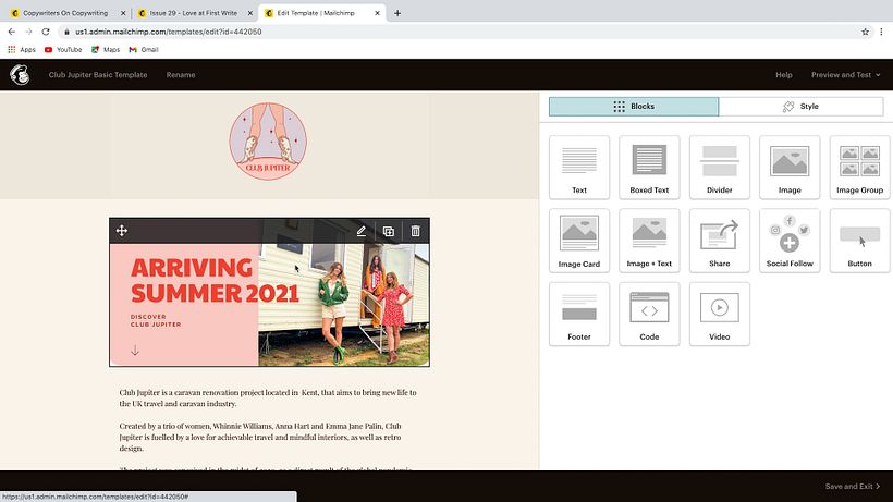 Desde "Bloques", puedes agregar a tu newsletter imágenes, texto, videos, entre otros recursos.