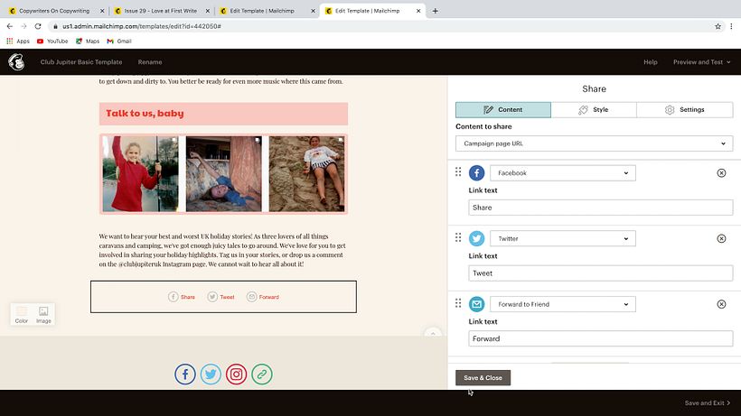 Añade íconos al final de tu newsletter para redirigir a los lectores a tus redes sociales.