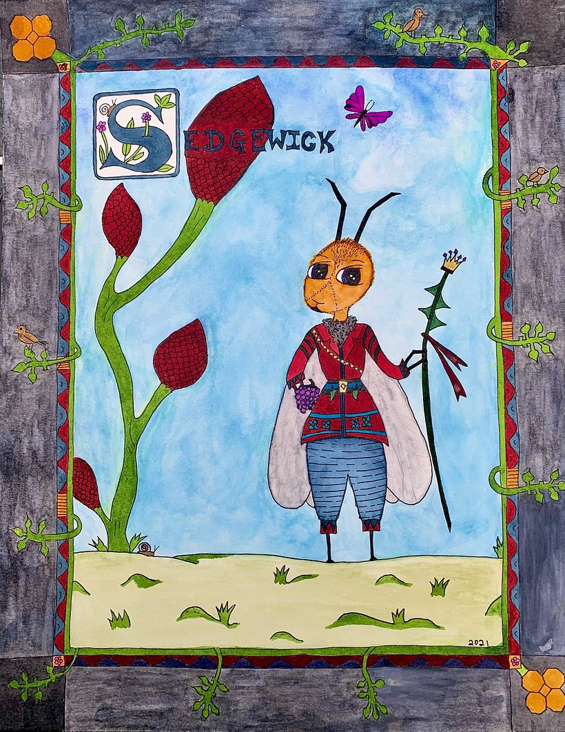 Medieval honeybee guard named Sedgewick - mostly done in watercolour markers and Micron PN pen.
