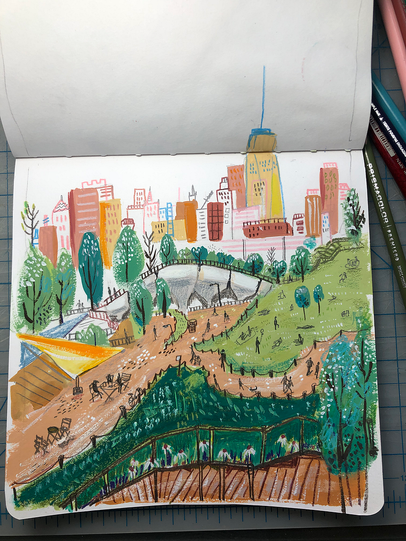 Little Island NY- wonder how to improve this piece.. used gouache and color pencils and neocolor 2