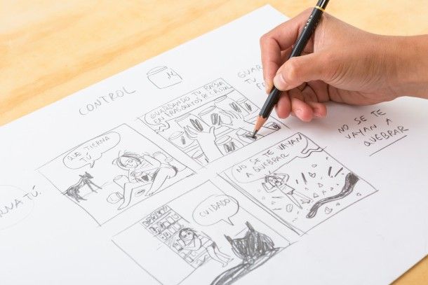 the classic comic format is made up of four strips, illustrations and text.