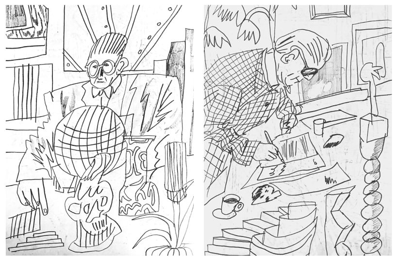 Portraits of Le Corbusier in graphite.