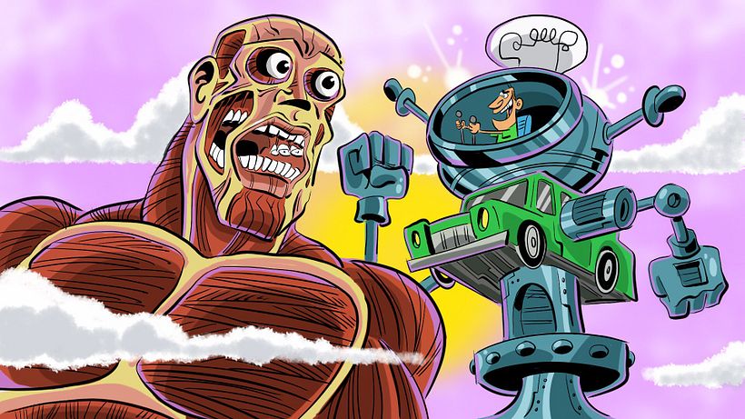The Colossal Titan from 'Attack on Titan' being attacked by Dinkleberg from 'The Fairly Oddparents!'