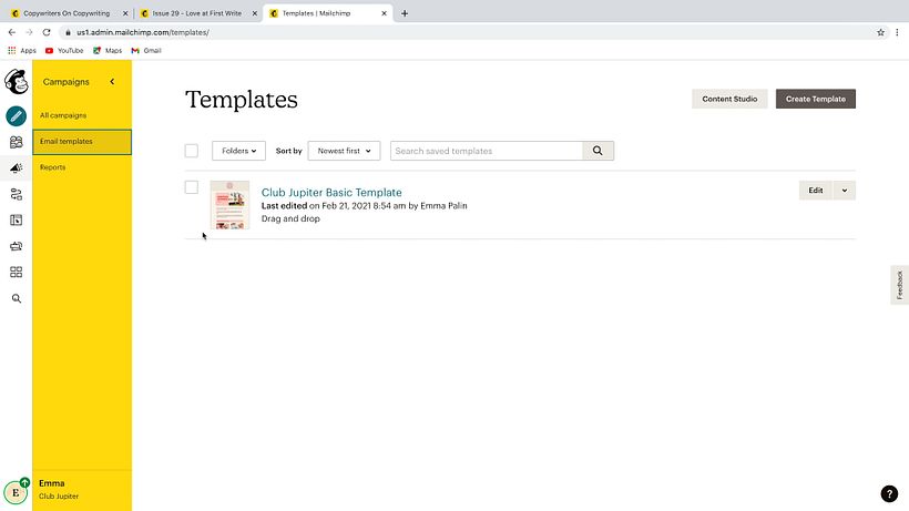 Na guia "Templates de e-mail", crie um Novo Template clicando no botão superior direito