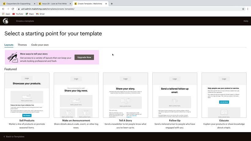 Em uma lista variada de templates, selecione o que melhor se ajuste ao seu conteúdo