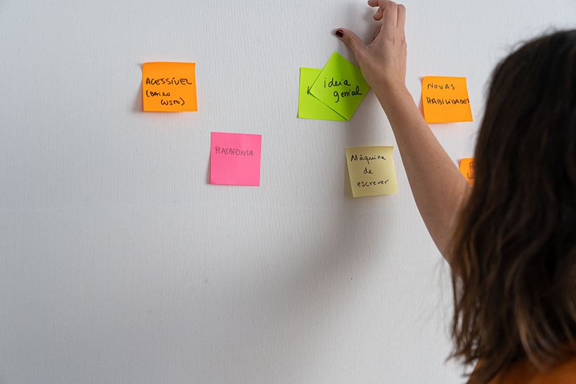 Everyone writes ideas on their post-it notes.