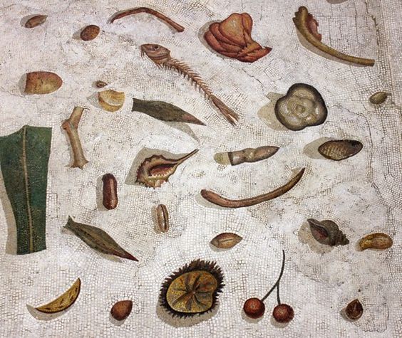 Mosaico trampantojo de restos de comida.
