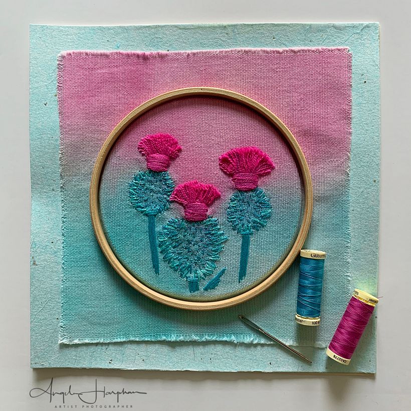 Thistles on dyed pre loved blind linen