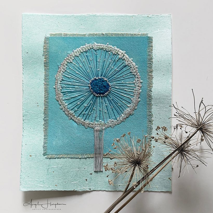 Dandelion on turquoise gessoed linen and with tissue