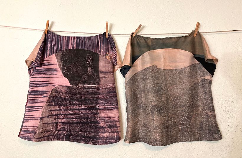 Shirts #2 and 3, made from my wood block prints on cotton and silk. These are the back sides.