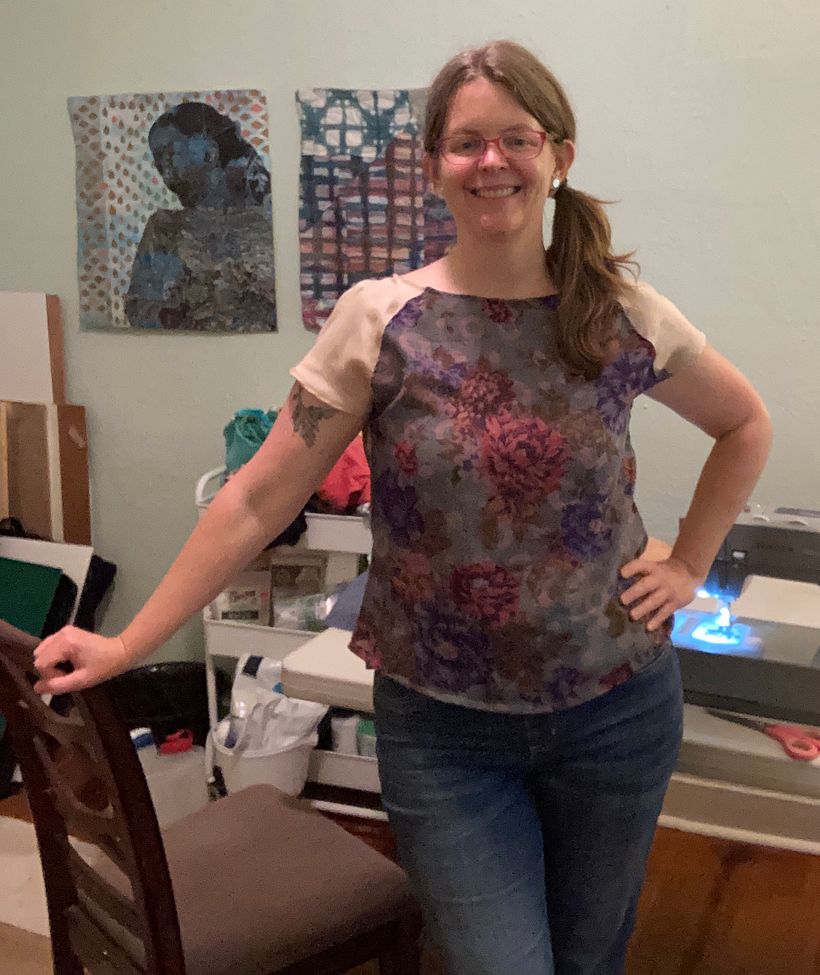The front side is from a recycled dress. You can see the hems at the shoulders are wobbly- I'm not sure how to fix? ;-)