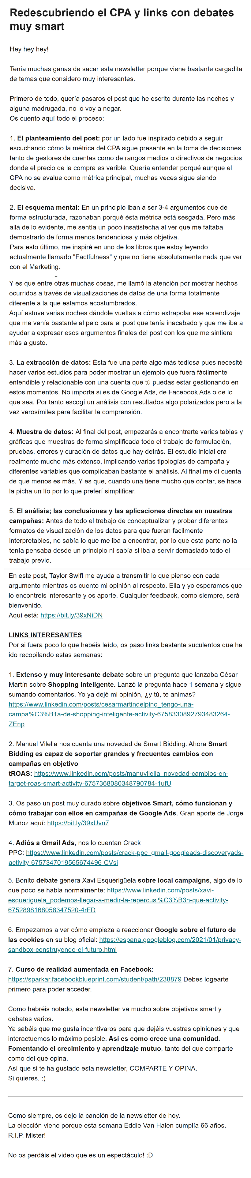 Ejemplo de newsletter para que veas su extensión y todas las novedades que cuento