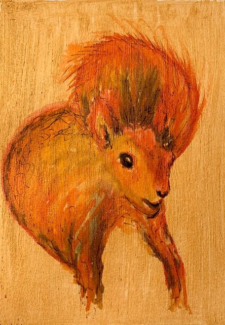 Red squirrel on gold watercolour ground with watercolour pens and permanent ink
