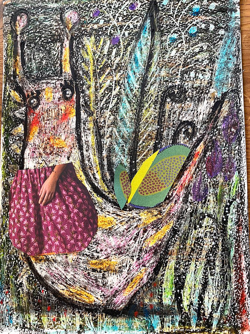 A leopard snail I saw the other day (Collage/crayon/gouache)