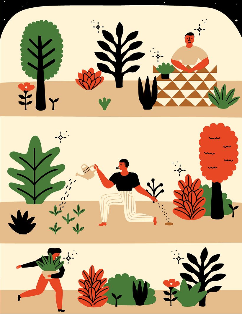 On this image I illustrated more characters cultivating a healthy lifestyle and a connection with nature