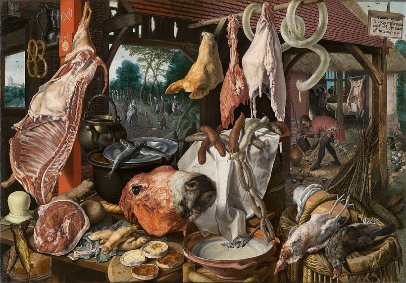 A scene from the Bible can be seen in the background of this painting.