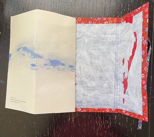 full view of two inside back cover panels. the blank one will eventually house an insert of a smaller fold out book.