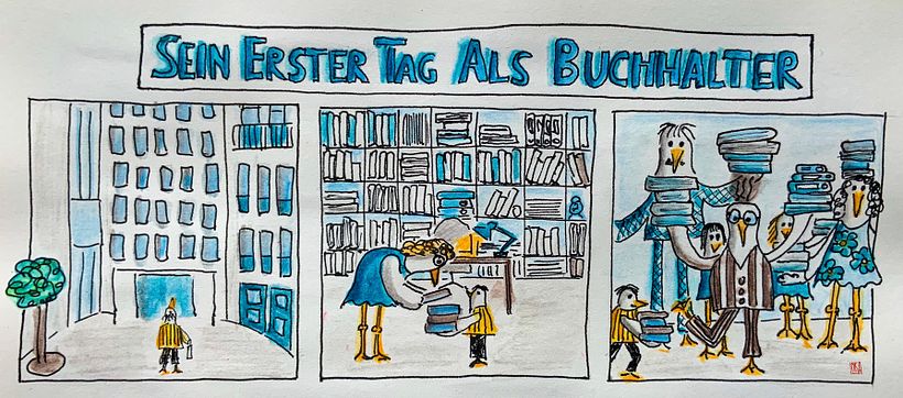 Sein erster Tag als Buchhalter (im Wort Buchhalter liegt im Deutschen ein Wortwitz, Erklärung siehe unten)