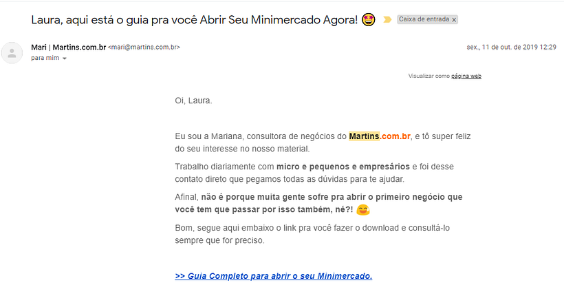 E-mail de envio de material rico feito com coordenação da equipe de Inbound Marketing