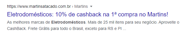 Serp com Meta Dados otimizados do Martins.com.br