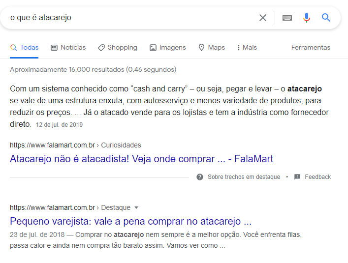 Serp do Falamart em primeiro lugar nas buscas Google