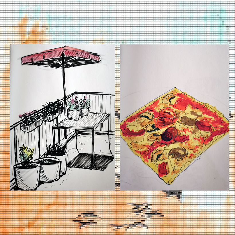3. My balcony / 4. Slice of house-made pizza.