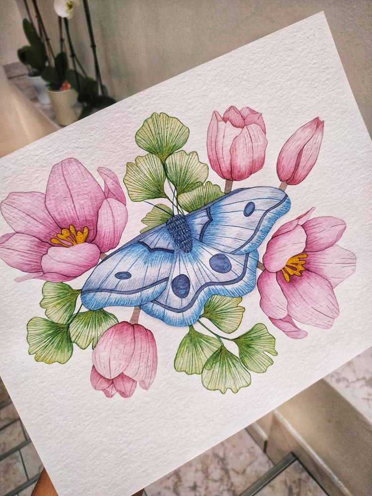 Mariposa con gynkos y peonias - yumikadas_art
