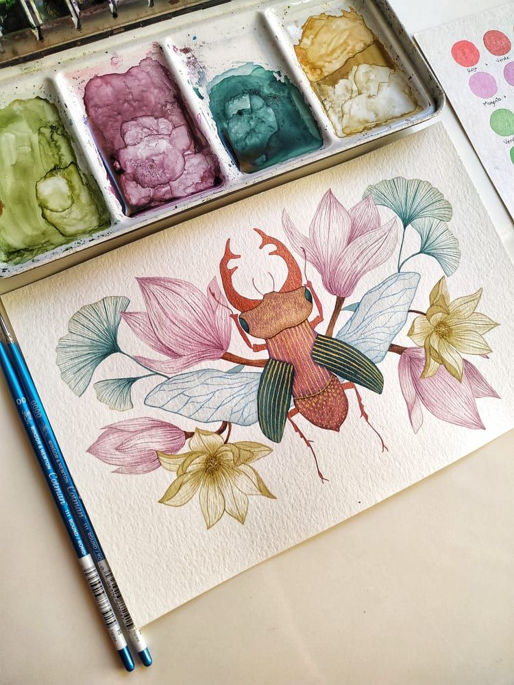 Escarabajo con gynkos y magnolias - @yumikadas_art