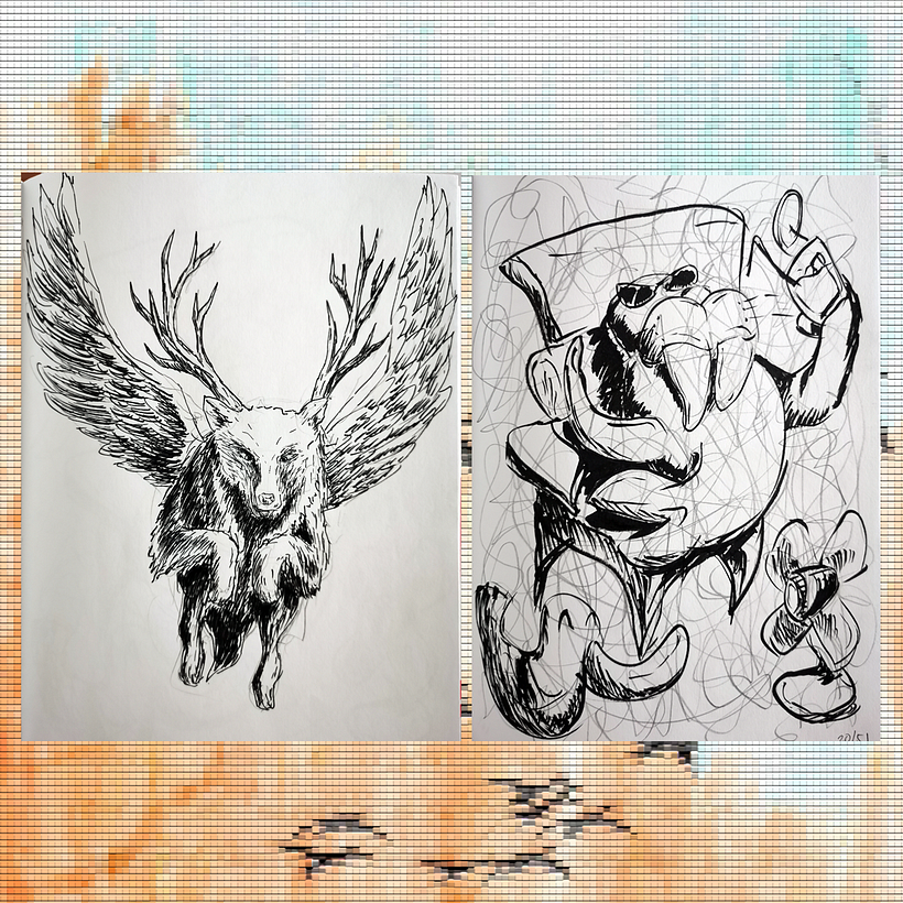 19. Winged wolf with antlers / 20. Walrus enjoying summer, out of scribbles.
