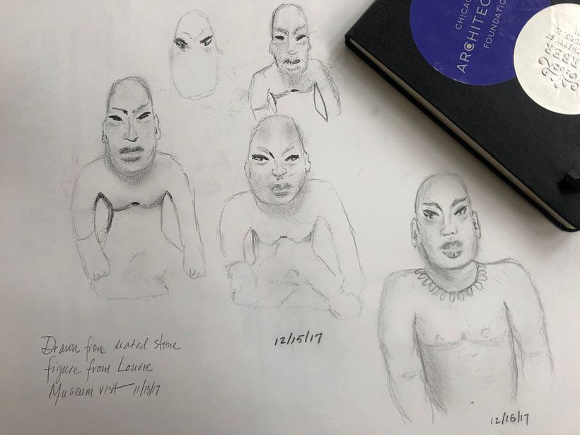 Drawings of seated sculpture characters I have found in museums. 1