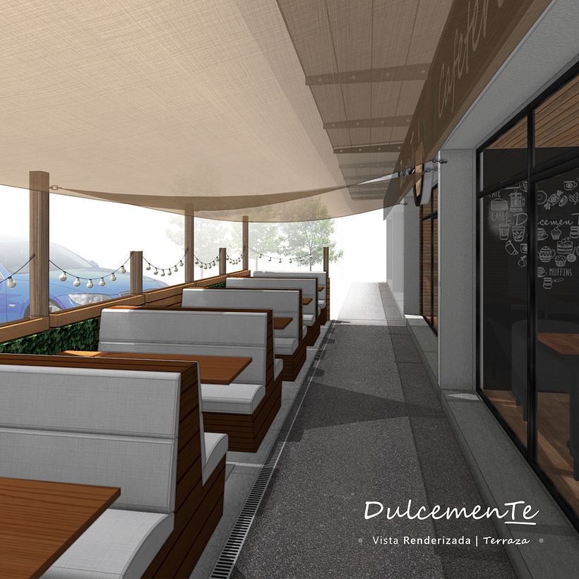 Vista exterior de cafetería; combinación de estilos visuales de Rhinoceros en Photoshop (febrero, 2021)