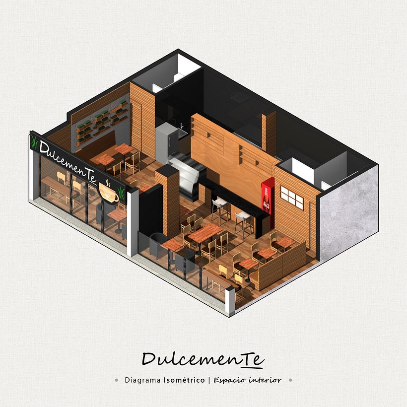 Vista isométrica de interior proyectado en cafetería (febrero, 2021)