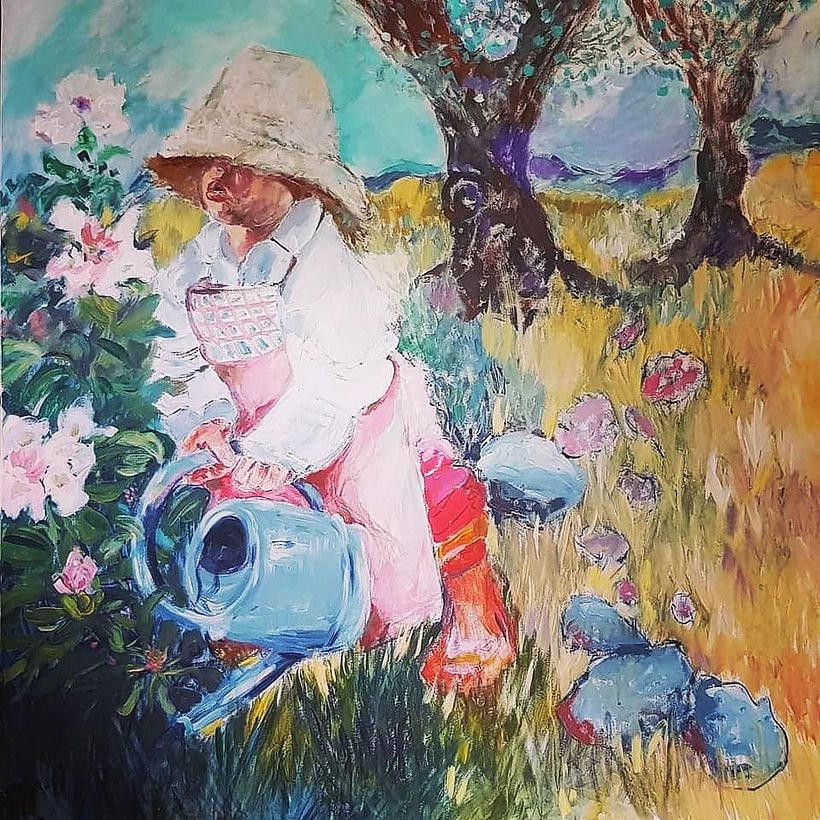 "Das Mädchen mit der Giesskanne" Mixed Media auf Leinwand 100x100 cm