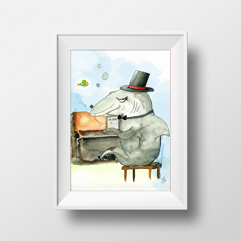 Senior Hai, der gerne Klavier spielt. Aquarelle. 
