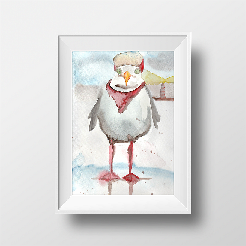 Dies ist Käptn Möwius als junge Teenager möwe, die noch nicht ganz genau weiß wohin im Leben. Aquarelle. 