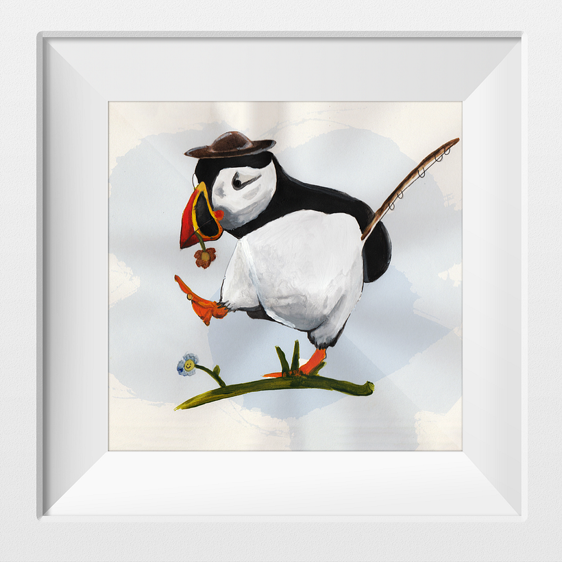 Mr. Puffin geht fischen. Acryl.