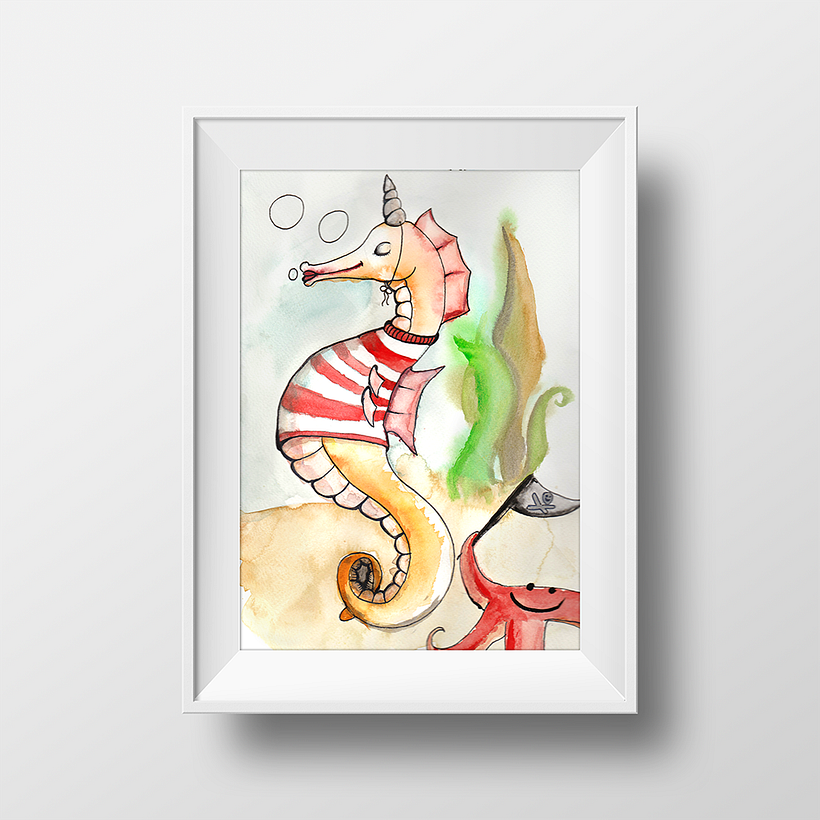 Das Seepferchen, das gerne ein Einhorn sein möchte mit seinem Piraten - Seesternfreund. Aquarelle.