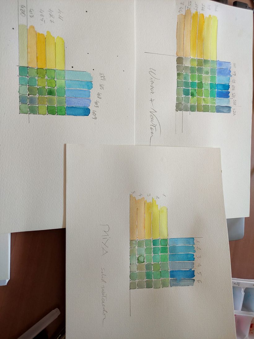 Tavole dei Verdi con le palette che ho: MIYA, Winsor&Newton e Shinhan