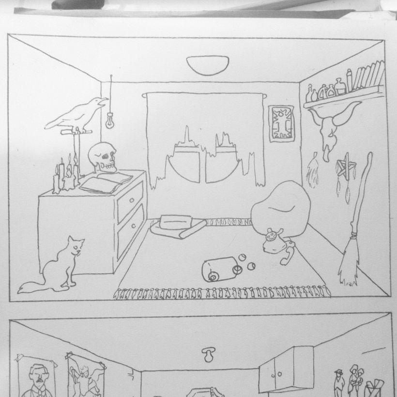 Dos dibujos de práctica de perpectiva de un solo punto. 1
