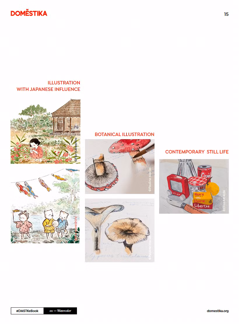 Ejemplos de acuarelas que se muestran en el eBook de Domestika.