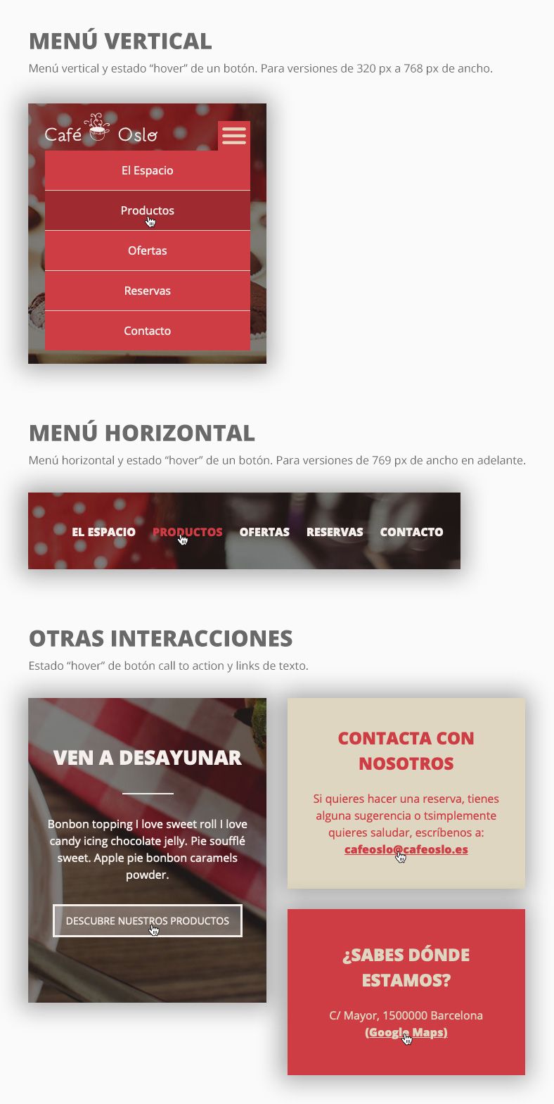 Interacciones del menú, botón call to action y links de texto