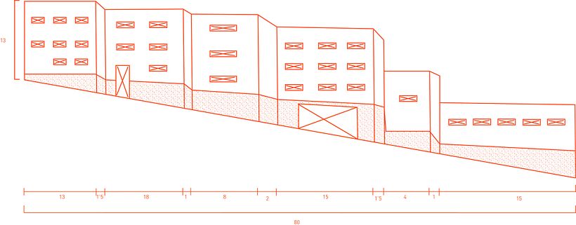 Esquema de la fachada, previo estudio insitu, para el calculo y realización del mural.