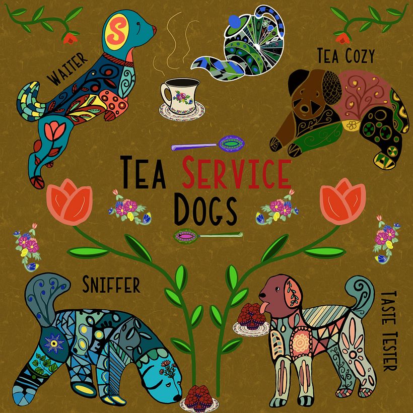 Folk Art Tea Service Dogs - Ilustração tradicional