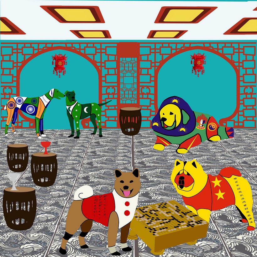 Folk Art Tea Service Dogs - Ilustração tradicional