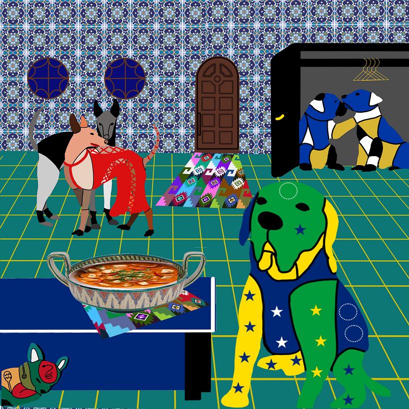 Folk Art Tea Service Dogs - Ilustração tradicional