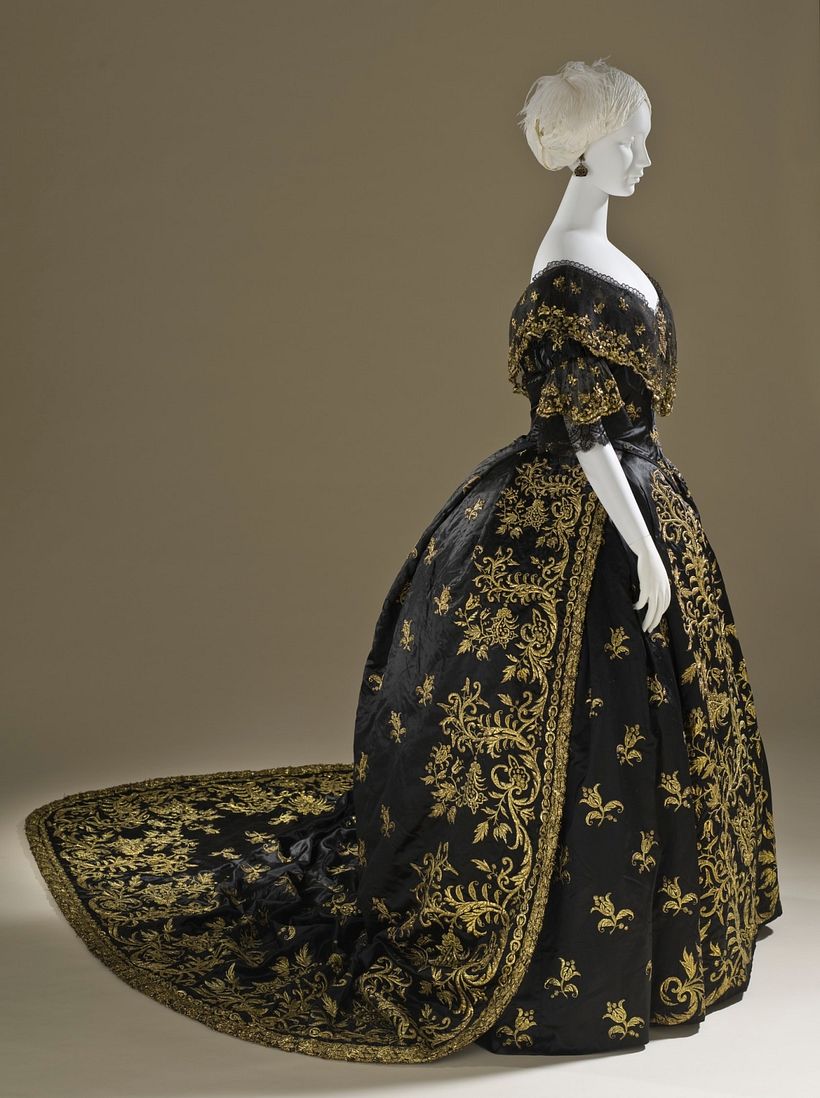 Dress featuring goldwork embroidery (1845), Portugal.